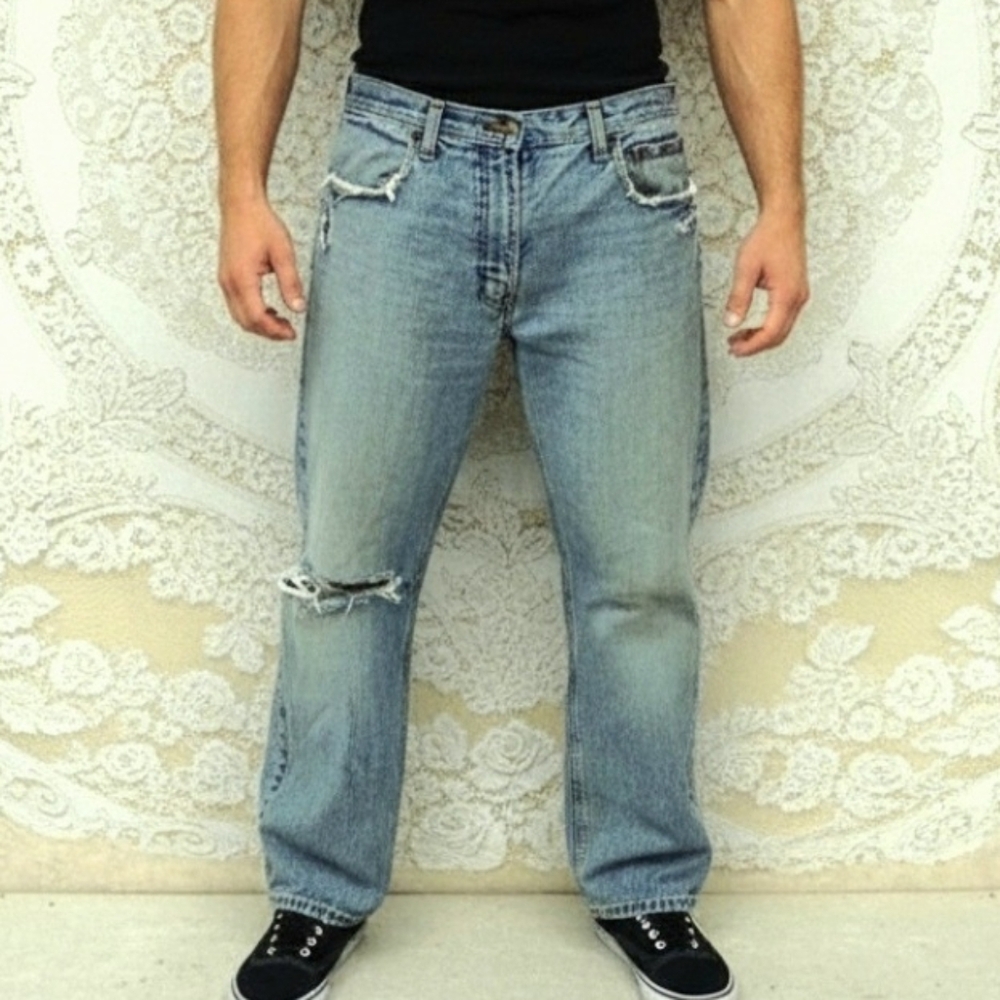 Vtg 90s Dockers light wash distressed denim baggy fit bootcut jeans 32x30 unisex